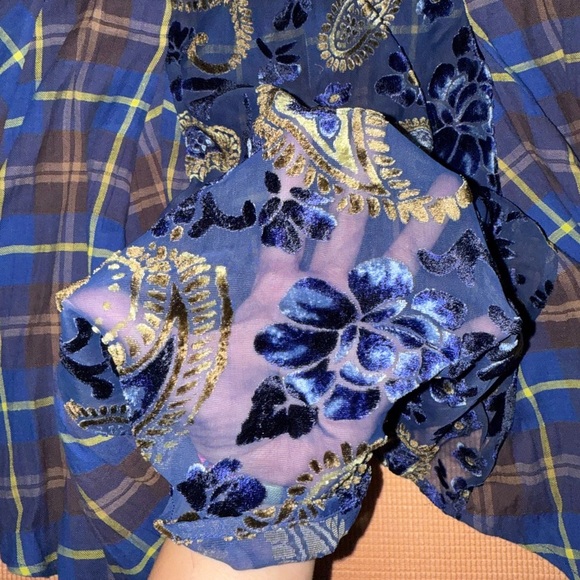 Anthropologie Aratta Silent Journey Blue Plaid velvety Burnout Dress Small - Picture 3 of 3